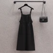 【KVOLL】玩美衣櫃圓領綠色雪紡衣+黑色抽繩吊帶裙二件式裝M-4XL