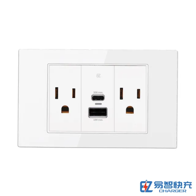 【易智快充】30W埋入式USB快充插座面板-鋼化玻璃(USB-A&Type-C 快充插座+AC插座X2)