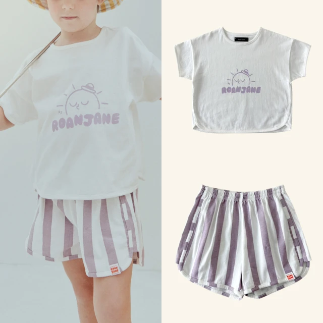 【Roan Jane】小太陽白色短袖上衣/葡萄紫白條紋短褲(單件非套裝)
