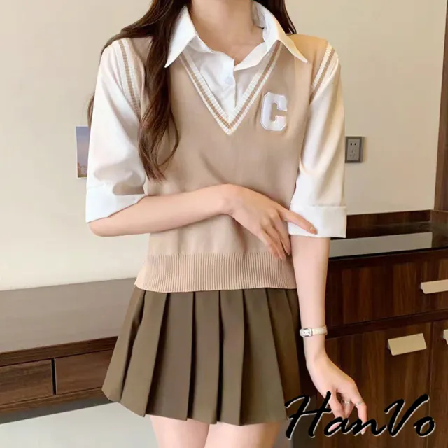 【HanVo】現貨 學院風假兩件字母C拼接襯衫(氣質舒適修身顯瘦針織上衣 韓國女裝 女生衣著 A01-0080)