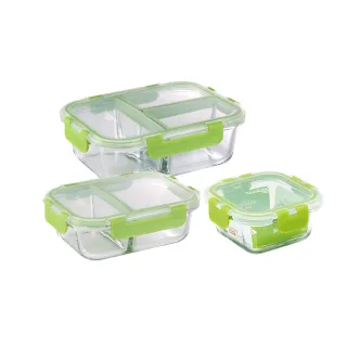 【CorelleBrands 康寧餐具】可拆扣分隔玻璃保鮮盒三件組-C14(多色可選)