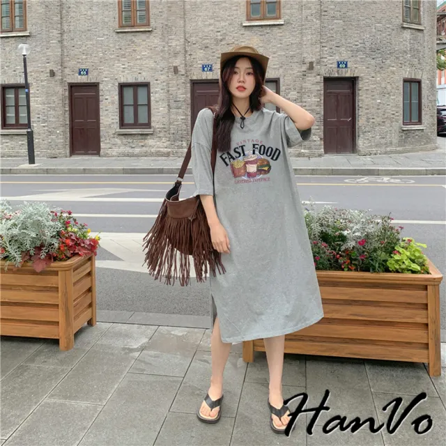 【HanVo】現貨 FAST FOOD印花休閒連身裙(韓版休閒寬鬆顯瘦連衣裙 舒適棉料 韓系女裝 女生衣著 A06-3661)