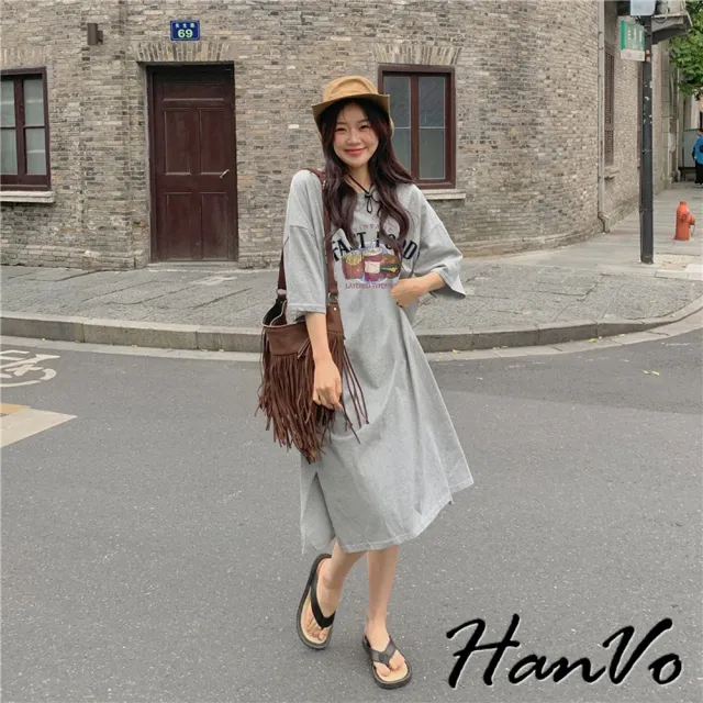 【HanVo】現貨 FAST FOOD印花休閒連身裙(韓版休閒寬鬆顯瘦連衣裙 舒適棉料 韓系女裝 女生衣著 A06-3661)