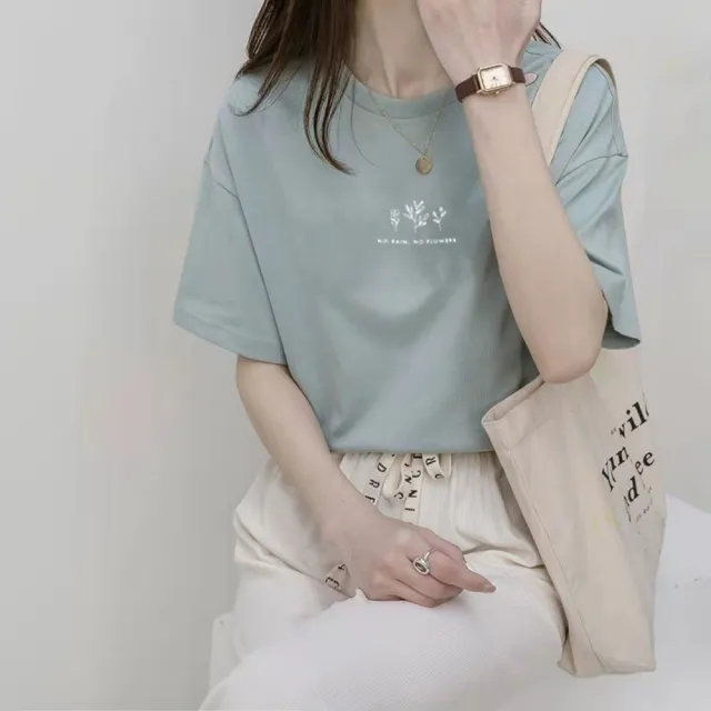 【D.studio】韓版寬鬆文青風圖案短袖上衣(短袖t恤 女裝 顯瘦上衣 衣服 寬鬆上衣 素T T505)