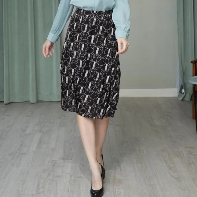 【Royal Silk】印花咖啡醋酸蠶絲鬆緊長裙