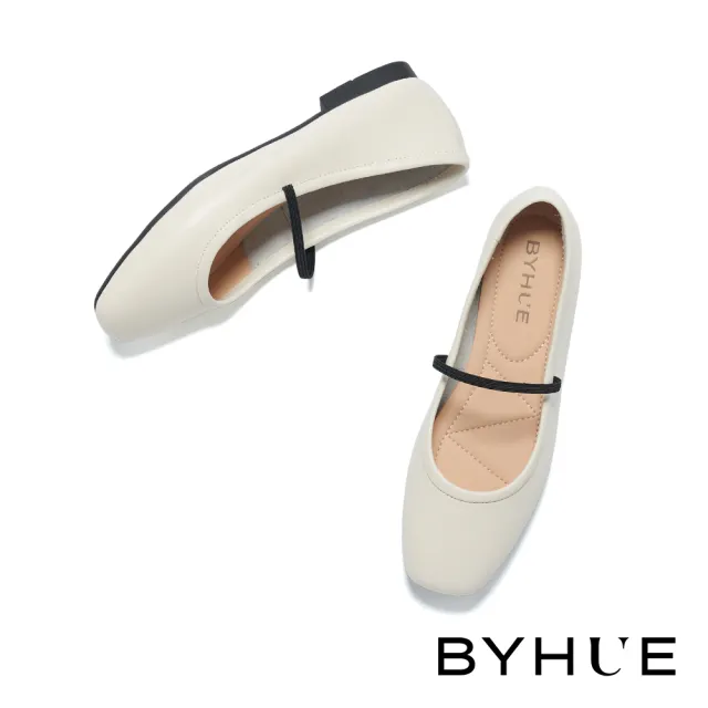 【BYHUE】簡約純色繫帶方頭瑪莉珍軟芯Q底平底鞋(白)