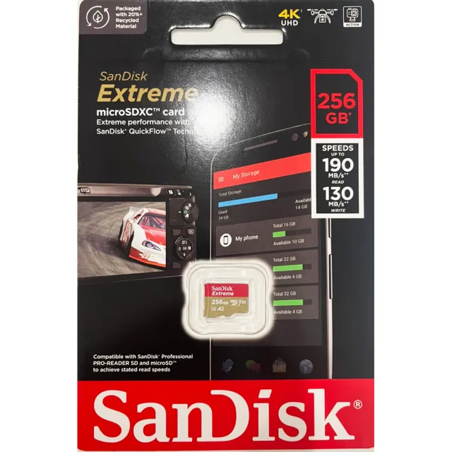 【SanDisk 晟碟】256GB microSDXC Extreme 190MB/s 4K U3 A2記憶卡
