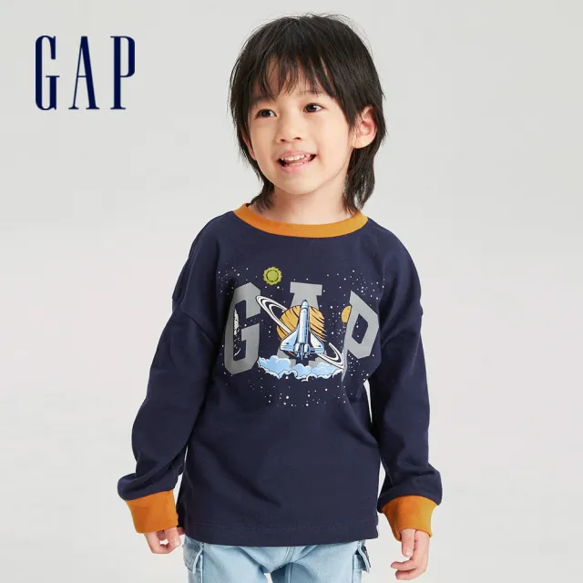 【GAP】男幼童裝 Logo純棉圓領長袖T恤-藏藍色(753648)