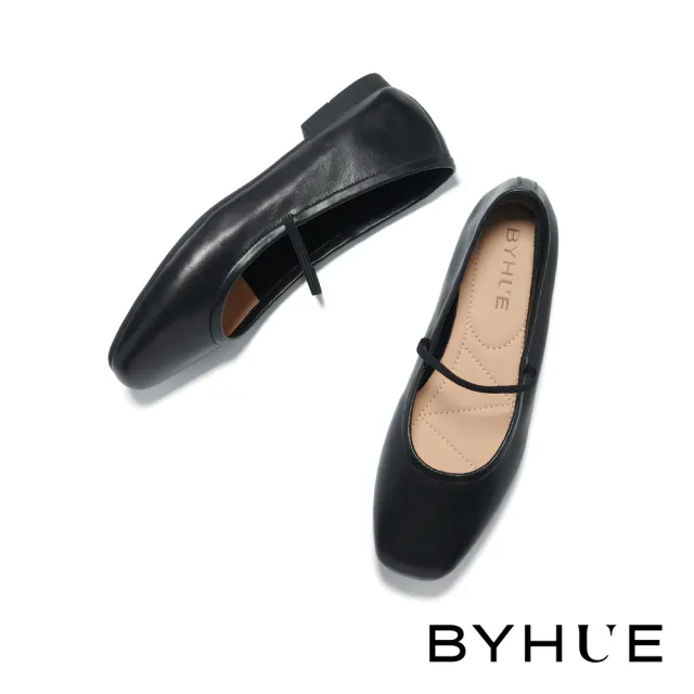 【BYHUE】簡約純色繫帶方頭瑪莉珍軟芯Q底平底鞋(黑)