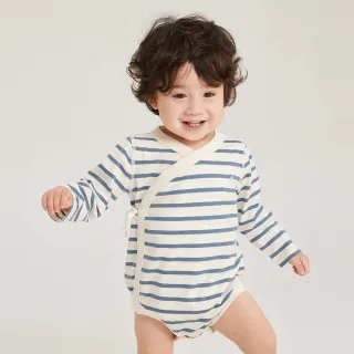 【GAP】嬰兒裝 純棉小熊刺繡長袖包屁衣-藍色條紋(788750)