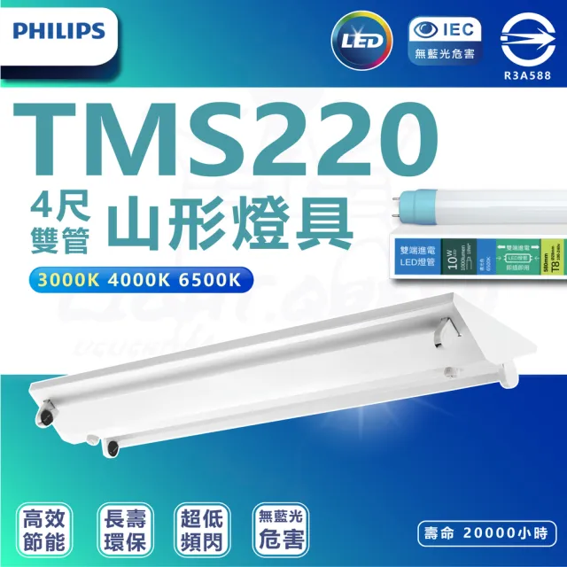 【Philips 飛利浦照明】4入組 TMS288 T8 LED山形燈具 4尺 雙管(6500K 白光)