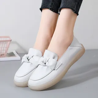 【MOM】真皮樂福鞋 蝴蝶結樂福鞋/真皮甜美蝴蝶結造型小圓頭休閒樂福鞋(白)