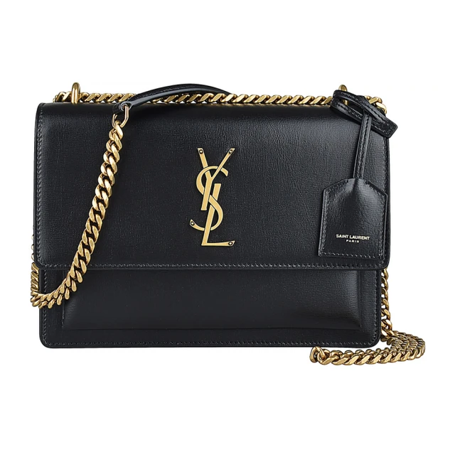 YSL YSL SAINT LAURENT SUNSET 金屬LOGO牛皮翻蓋釦式鏈帶肩背斜背包(黑)