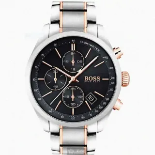 【BOSS】BOSS手錶型號HB1513473(黑色錶面銀錶殼銀玫瑰金色精鋼錶帶款)