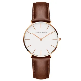 【HANNAH MARTIN】金色刻度設計感腕錶-白面咖啡帶x36mm(HM-CB36-FK)