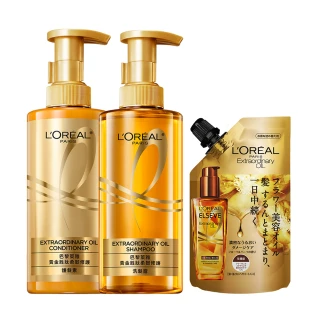 【LOREAL Paris 巴黎萊雅】黃金胜柔韌修護洗髮精/護髮素2入任選+金緻護髮補充包90ml(#大金瓶)