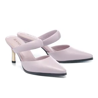 【BYHUE】簡約優雅澎澎一字帶羊皮軟芯尖頭高跟穆勒拖鞋(紫)