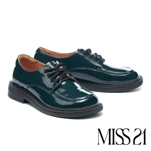 【MISS 21】懷舊經典光澤感全真皮綁帶厚底鞋(綠)