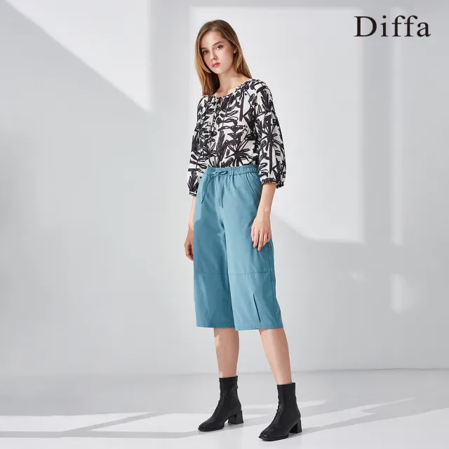 【Diffa】黑白花拉克蘭袖綁帶上衣-女