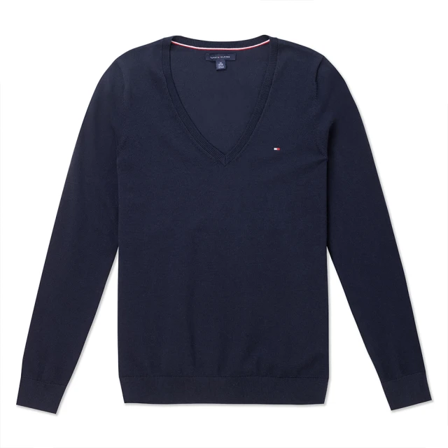 Tommy Hilfiger TOMMY 經典V領刺繡Logo毛衣 上衣-女-深藍色(/平輸品/)