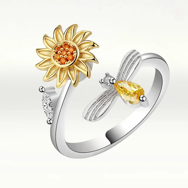 【I.Dear Jewelry】正白K-蜜蜂與花-韓國網紅款花朵旋轉紓壓鑲鑽開口銀戒指(韓劇/轉運/靈動戒指)