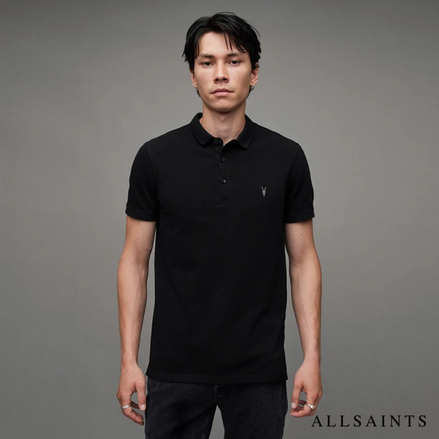 【ALLSAINTS】REFORM 公羊頭骨刺繡純棉短袖POLO衫-黑(修身版型)