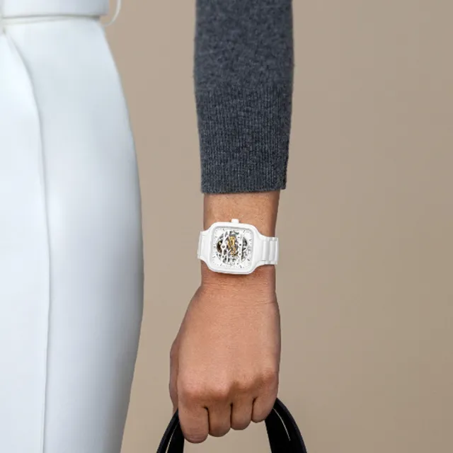 【Rado 雷達表】True Square真我系列 高科技陶瓷方形鏤空 雙層錶盤機械腕錶-白 R05(R27126012 防水50米)