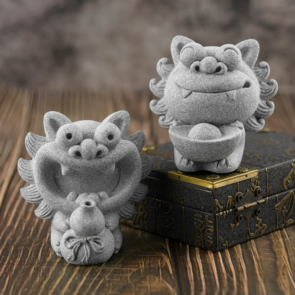 中国台灣宝石釉 貔貅獅子 招財魔除け 緣起物 箱付 希少品 命運好好玩】1+1 青砂石招財福祿獸-附富貴立香組(招財貔貅