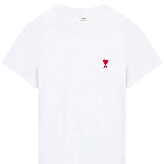 AMI PARIS 經典紅愛心刺繡LOGO 白色 有機棉 圓領 短袖 T-SHIRT(BFUTS001724100)
