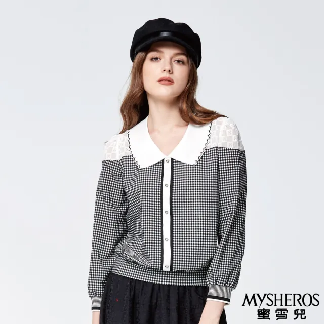 【MYSHEROS 蜜雪兒】翻領上衣 格紋蕾絲拚接 愛心鑽飾 後下擺鬆緊 縮口袖設計(黑)