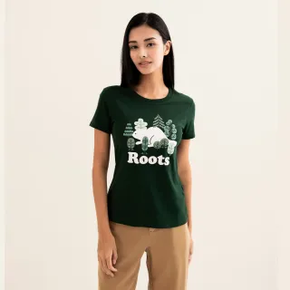 【Roots】Roots女裝-動物派對系列 北美短葉松海狸純棉修身短袖T恤(深綠色)