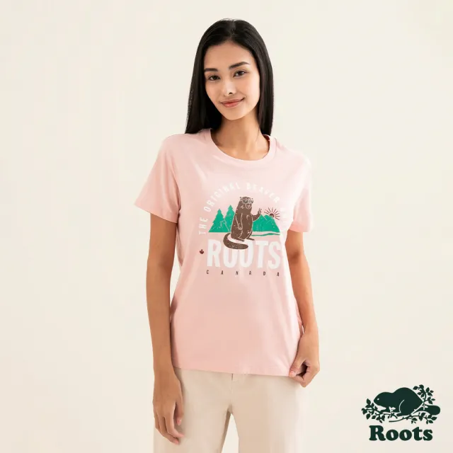 【Roots】Roots女裝-動物派對系列 卡通海狸純棉短袖T恤(粉橘色)