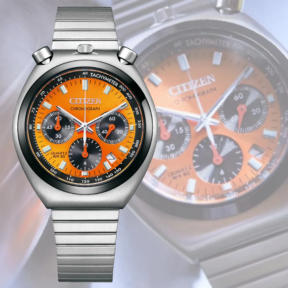 CITIZEN 星辰】Chronograph Tsuno Chrono限定款碼錶計時三眼石英錶-橘 