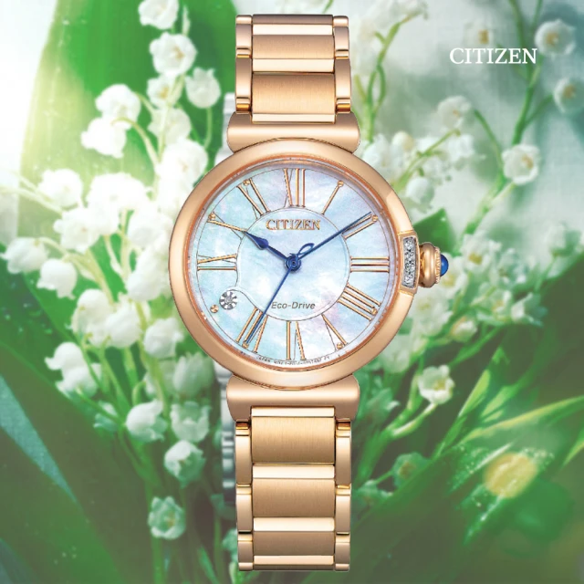 CITIZEN 星辰 L系列 幸福鈴蘭永恆款 光動能白蝶貝真鑽淑女腕錶-金色29.5mm(EM1063-89D 防水50米)