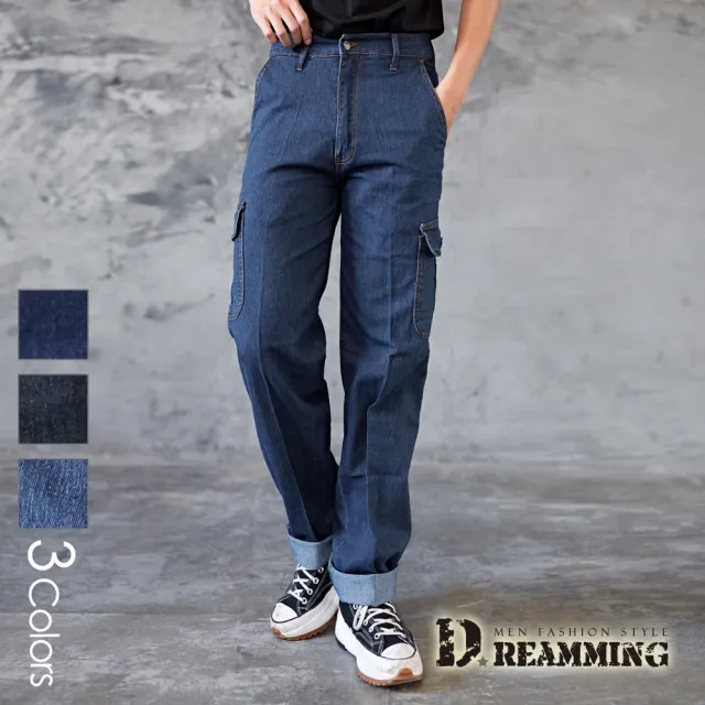 【Dreamming】硬派美式多口袋伸縮中直筒牛仔褲 工裝褲 抗撕裂(共三色)