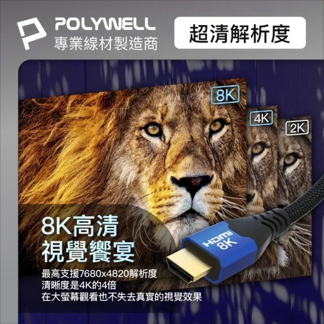 【POLYWELL】HDMI 8K 2.1認證線 /藍色 /2M