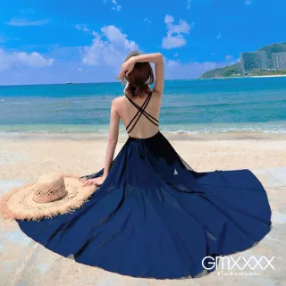 【Gmxxxx】寶石藍雪紡開叉綁帶露背度假長洋裝(度假洋裝 露背洋裝)