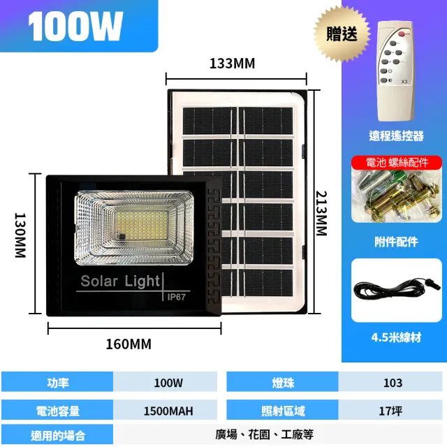 【伊德萊斯】100W 太陽能感應燈 AH-244E(太陽能工業照明燈 戶外太陽能路燈 遙控光控感應 防水防雷)