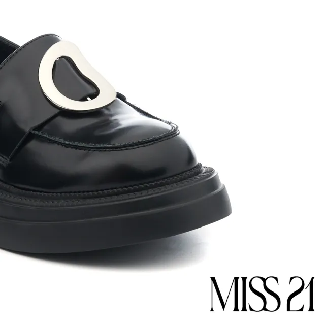 【MISS 21】復古學院風扭曲大釦微光感牛皮樂福大頭厚底鞋(黑)