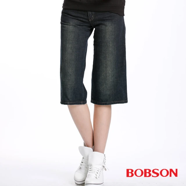【BOBSON】女款低腰粗結紗直筒七分褲(藍113-53)