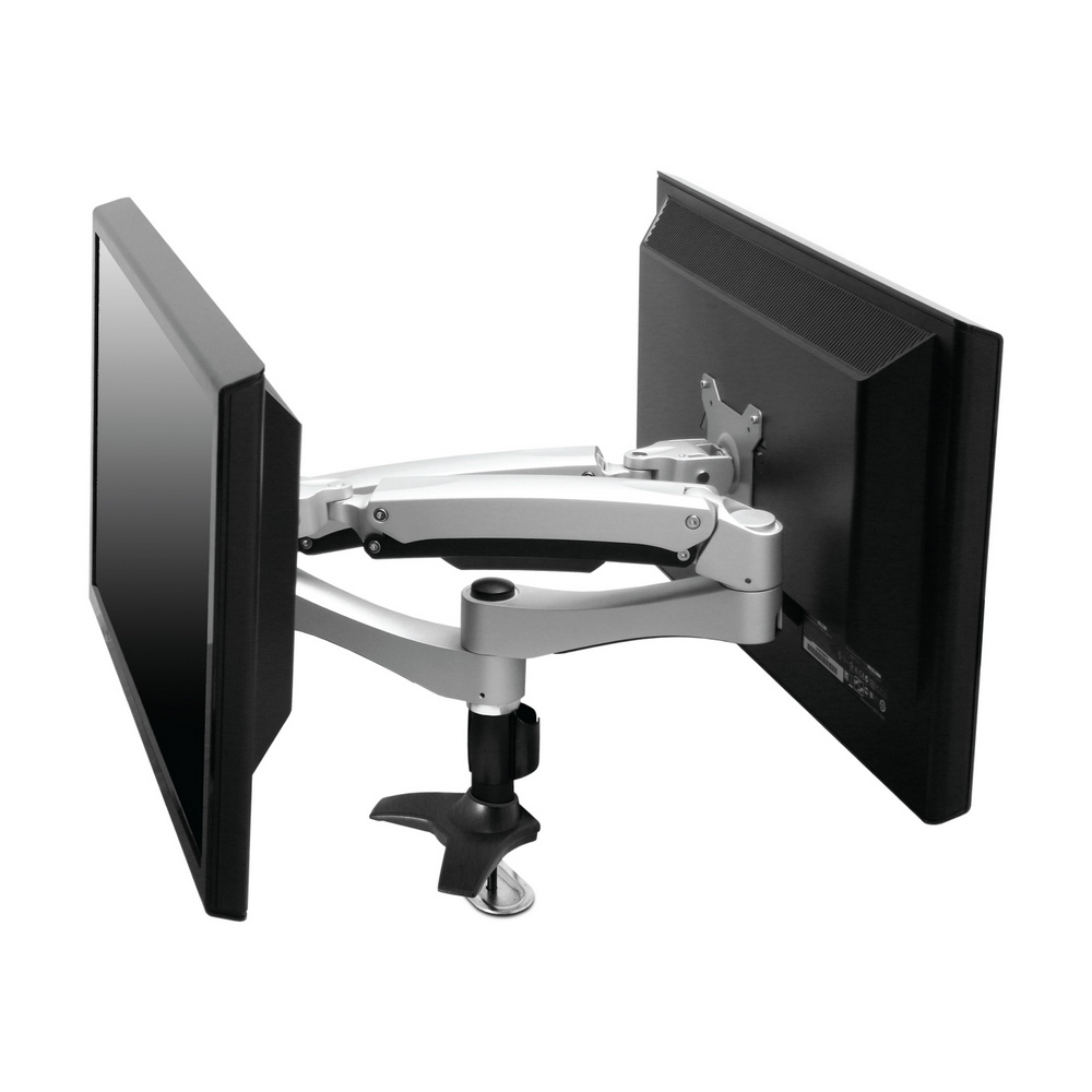 HE H40ATi 移動式壁掛螢幕架，專為20-32吋顯示器設計，採用臺灣製造鋁合金與中鋼鋼材，防鏽烤漆銀色系，承重每臂2-10kg。支援VESA 75x75/100x100安裝，雙支臂設計提供前後拉伸達115cm、上下升降31.5cm、360度旋轉與俯仰調整，提升辦公舒適度。附旋控鎖安全裝置，DIY組裝簡單，保固4年以上，重量僅5.5kg，適合多螢幕環境使用。