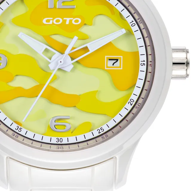 【GOTO】NO.7迷彩系列時尚腕錶-白x黃(GC0289M-22-2Y1)