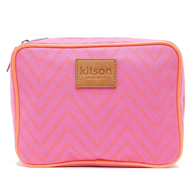 【Kitson】螢光滾邊山形帆布化妝包(L-Pink)