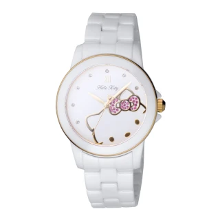 【HELLO KITTY】花園迷藏時尚陶瓷腕錶-金x白(LK673LWWI-K)