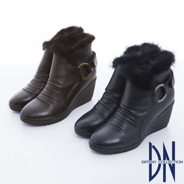 【DN】歐美時尚 羊皮環釦設計貂毛滾邊楔型踝靴(咖)