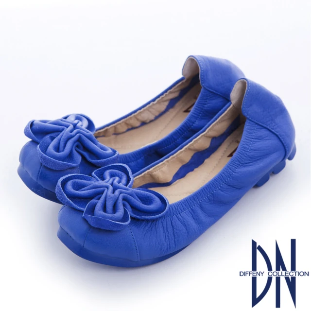 【DN】經典舒適 立體花朵造型牛皮彈性娃娃鞋(藍)