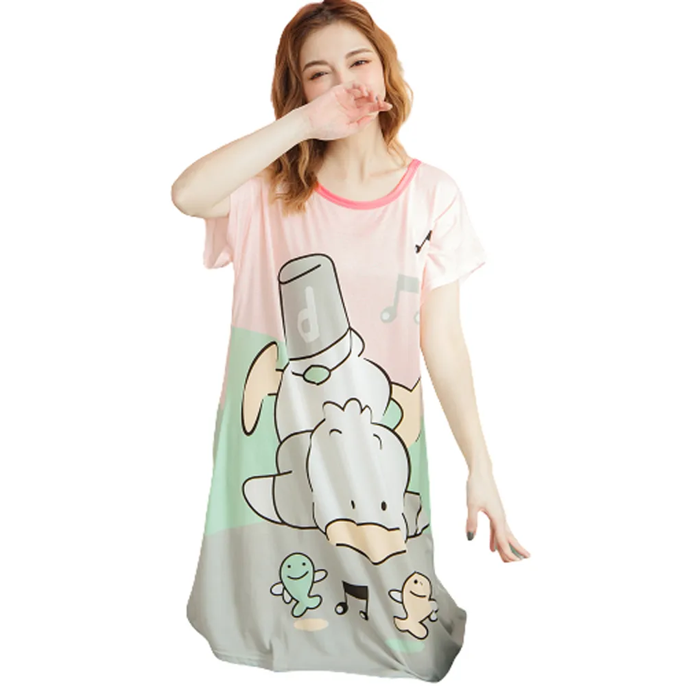 【lingling】PA3654全尺碼-牛奶絲撞色小鴨音符短袖連身裙睡衣(可愛灰綠)