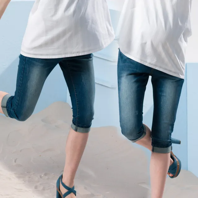 【Gennies 奇妮】率性刷色造型一體成型牛仔七分褲(藍/藍白點G4513)