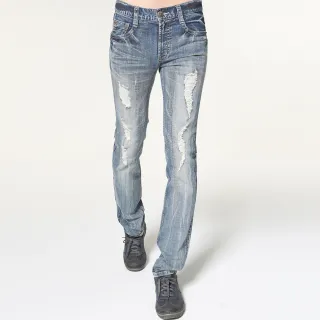 【BOBSON】男款彈性貓鬚刷破直筒褲(1753-53)