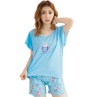 【lingling】PA3713全尺碼-插畫風茶壺棉質短袖二件式睡衣組(休閒淺藍)